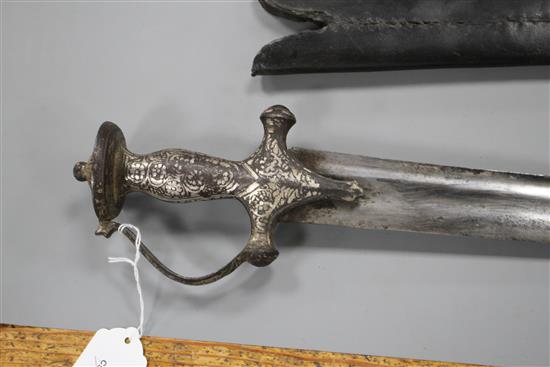 An Indian sword tulwar, silver decorated iron Lahori hilt, blade with etched inscription, 18th century, leather covered scabbard,